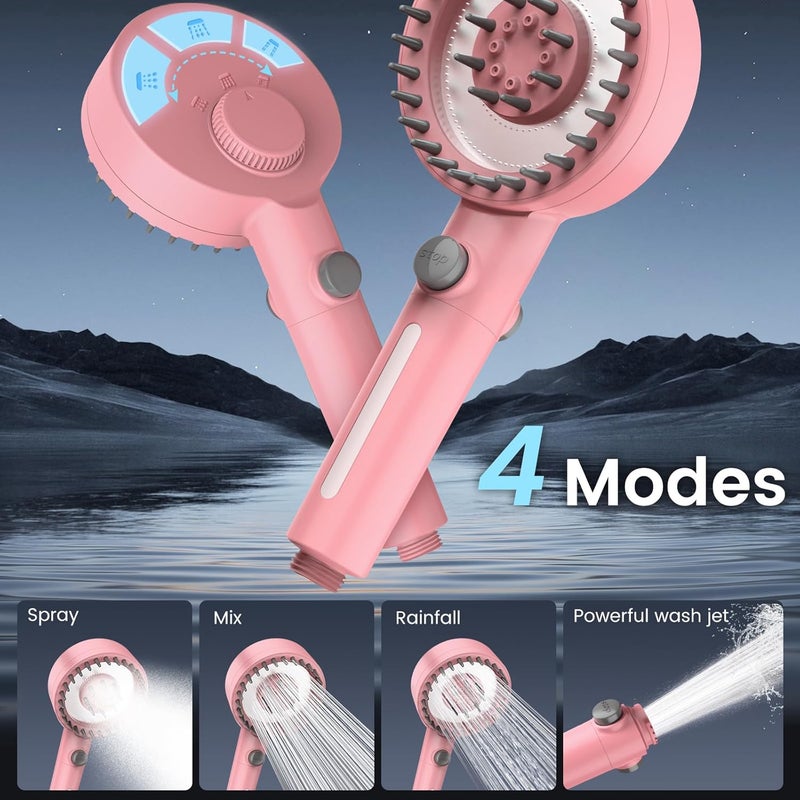 PWERAN Filtered Shower Head with Handheld, High Pressure 4 Spray Mode Showerhead with Filters, Water Softener Beads for Hard Water with ON/OFF Switch for Pets - Remove Chlorine (Pink, 5 Inch Panel) - Image 5